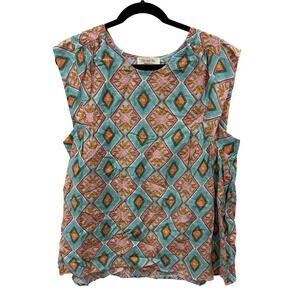Doe and Rae Geometric Diamond Print Sleeveless Blouse Teal Pink 1XL